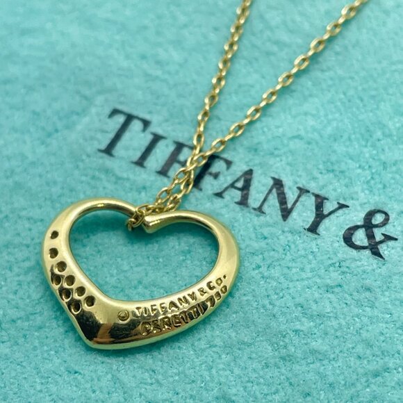 Tiffany & Co. Peretti 18K Gold Diamond 15mm Open Heart Pendant Necklace 18" - Picture 5 of 13